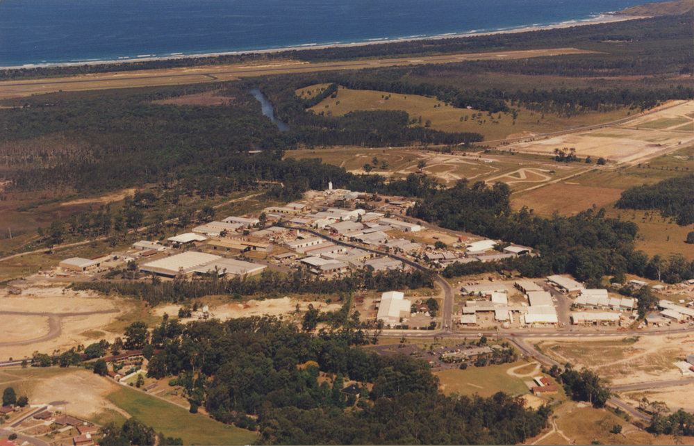 Aerial view of Cook Drive industrial estate in Coffs Harbour, 1990s