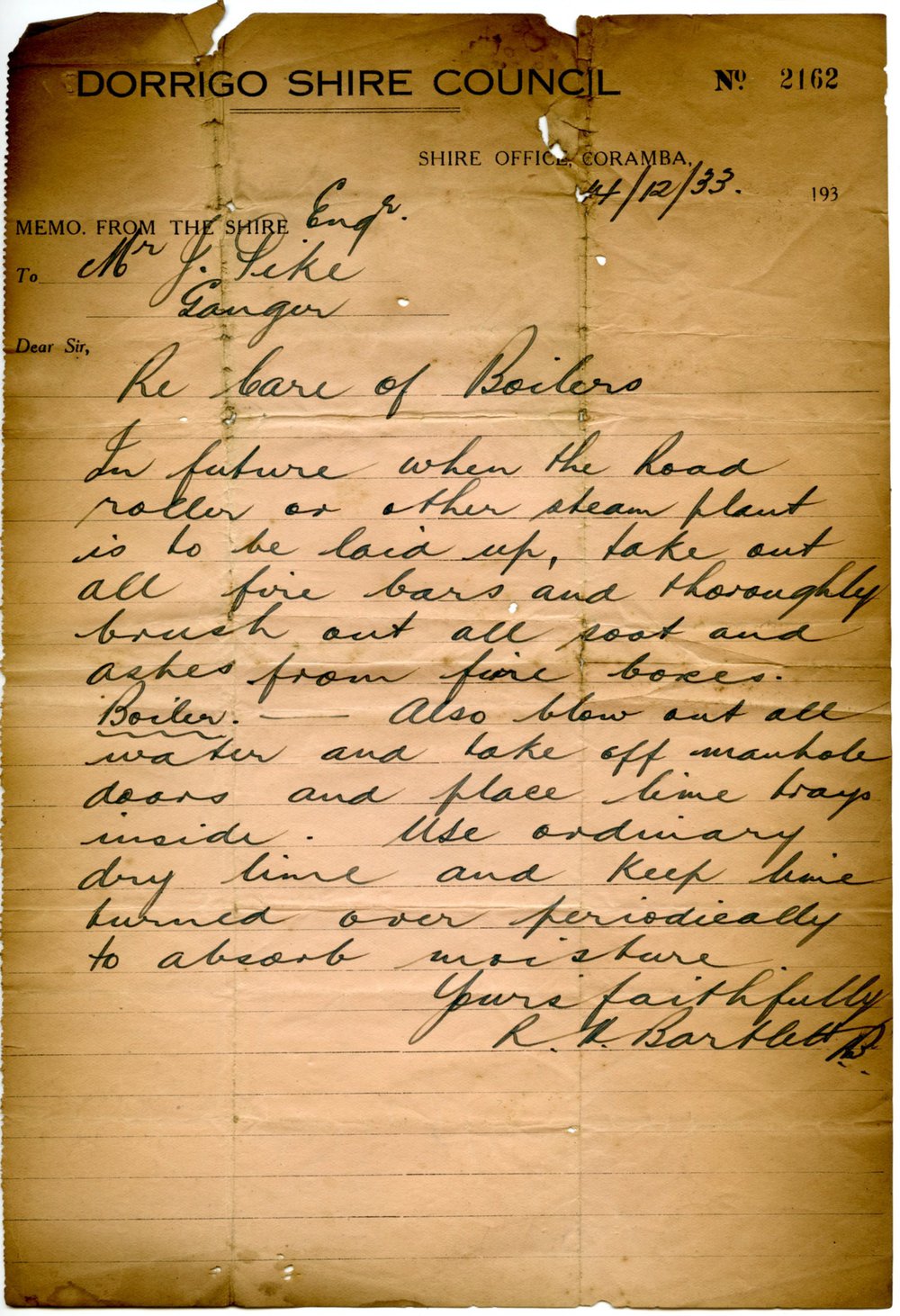 Memo on care of boilers, 14 December 1933