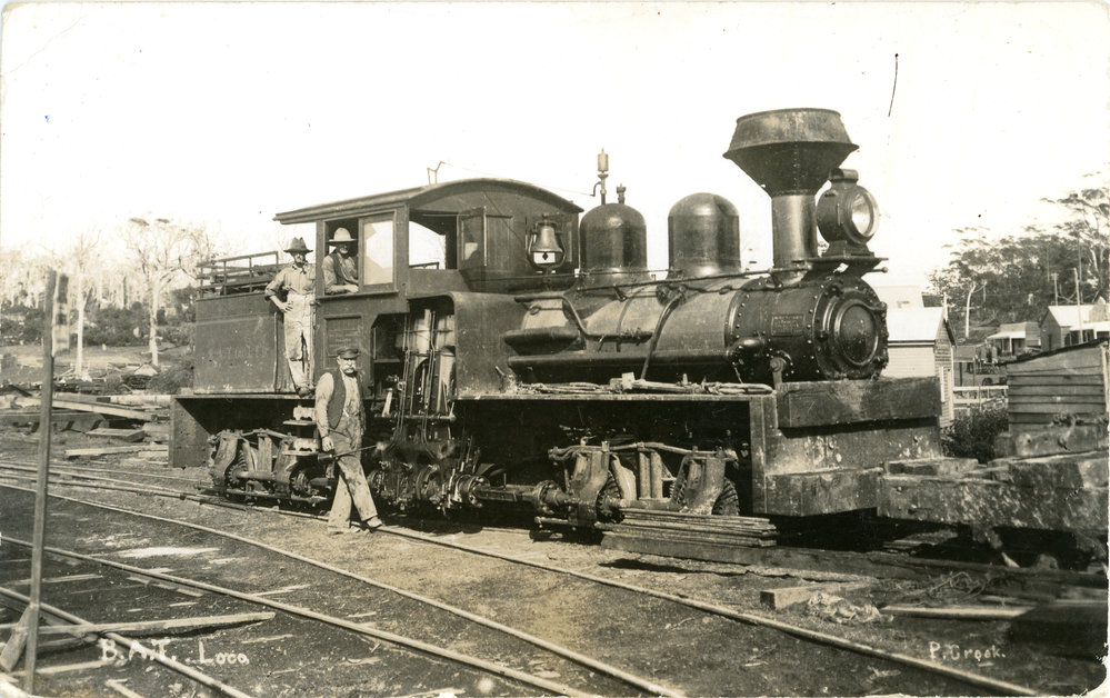 Railway workers standing with the B.A.T. Co.'s Shay Locomotive, 15 July 1910