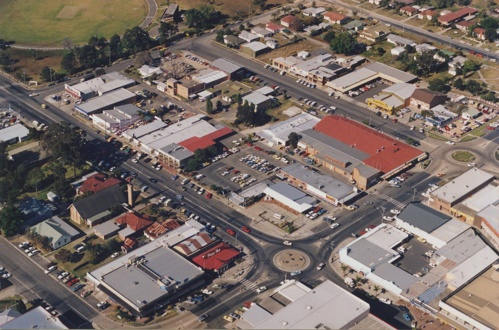 Aerial view of Coffs Harbour Central Business District, 1990s