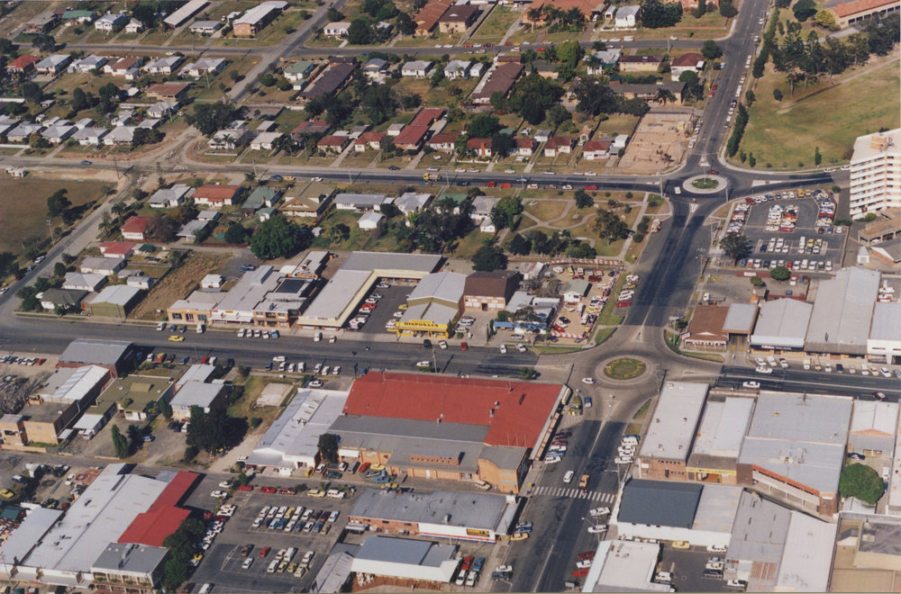Aerial view of of Coffs Harbour CBD, 1990s