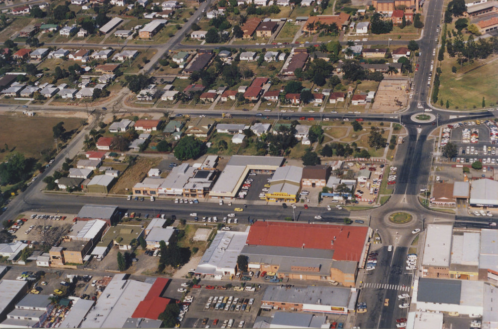 Aerial view of Coffs Harbour Central Business District, 1990s