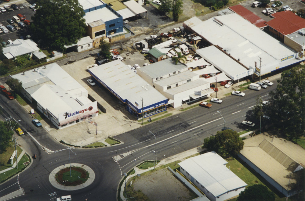 Aerial view of Earl and High Streets in Coffs Harbour, 1990s