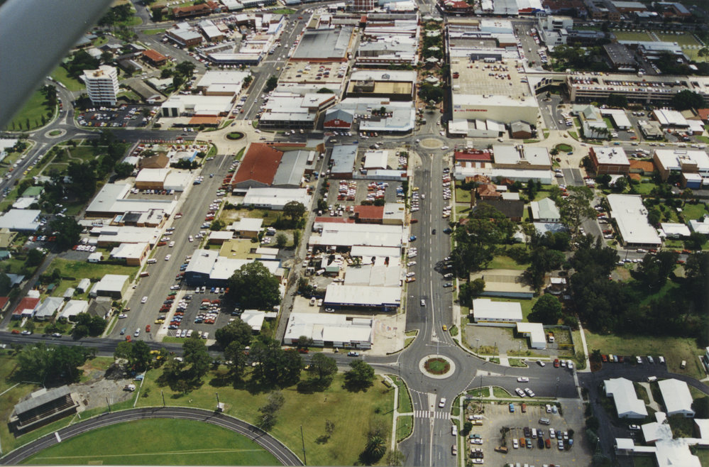Aerial view of Coffs Harbour CBD, 1990s