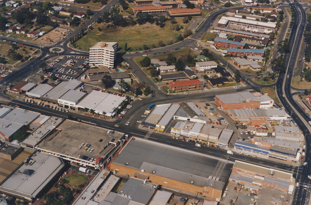 Aerial view of Coffs Harbour's Central Business District, 1990s