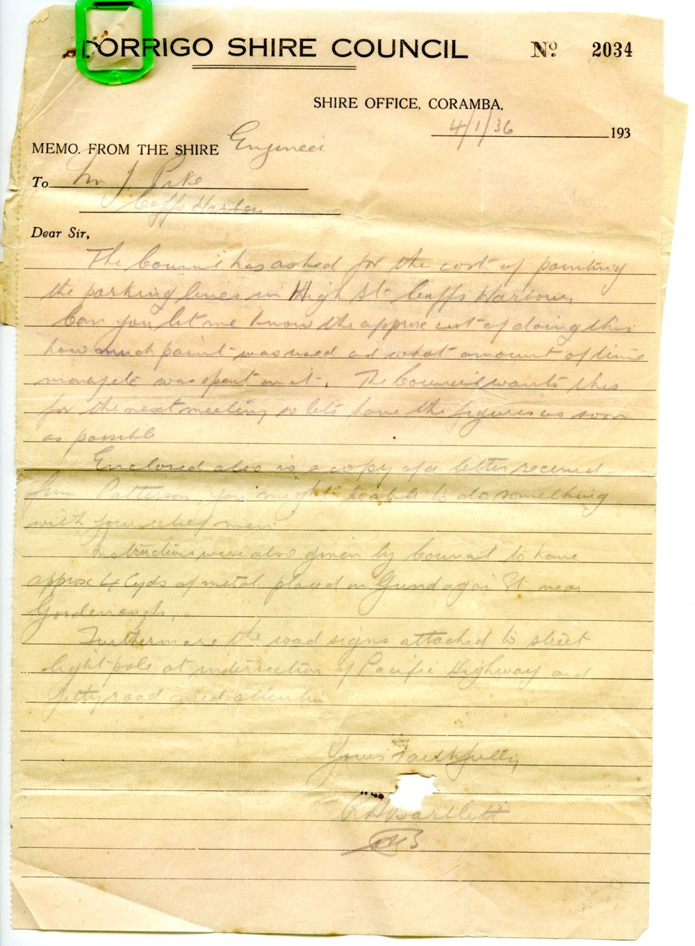 Memos from Dorrigo Shire Council Engineers to Ganger, January - November 1936