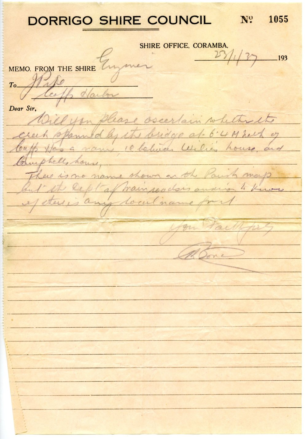 Four memos from Dorrigo Shire Council Engineer to Ganger, January - September 1937