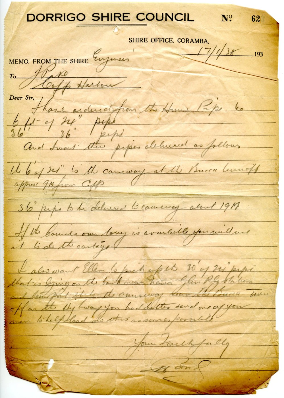 Memos from Dorrigo Shire Council Engineer &amp; Shire Clerk to Ganger, January - July 1938