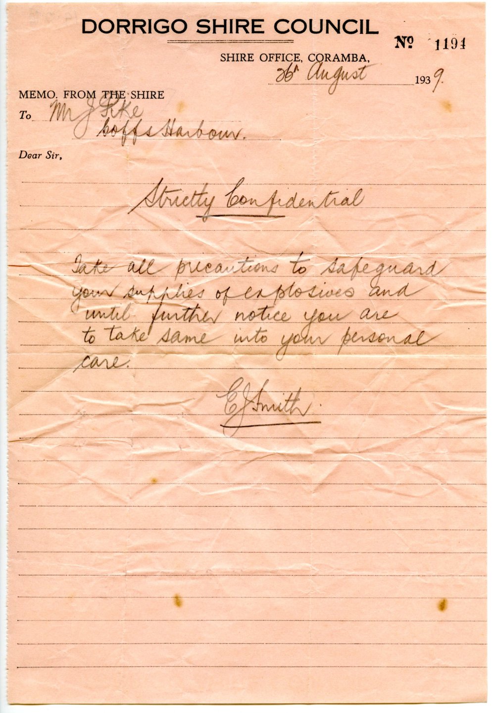 Memo regarding storage of explosives, 26 August 1939