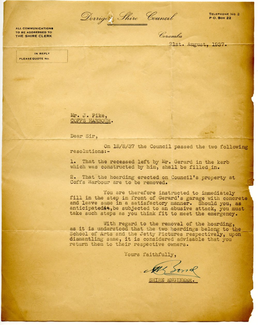 Letter from H. G. Bond to J. Pike about Jack Gerard, 21 August 1937