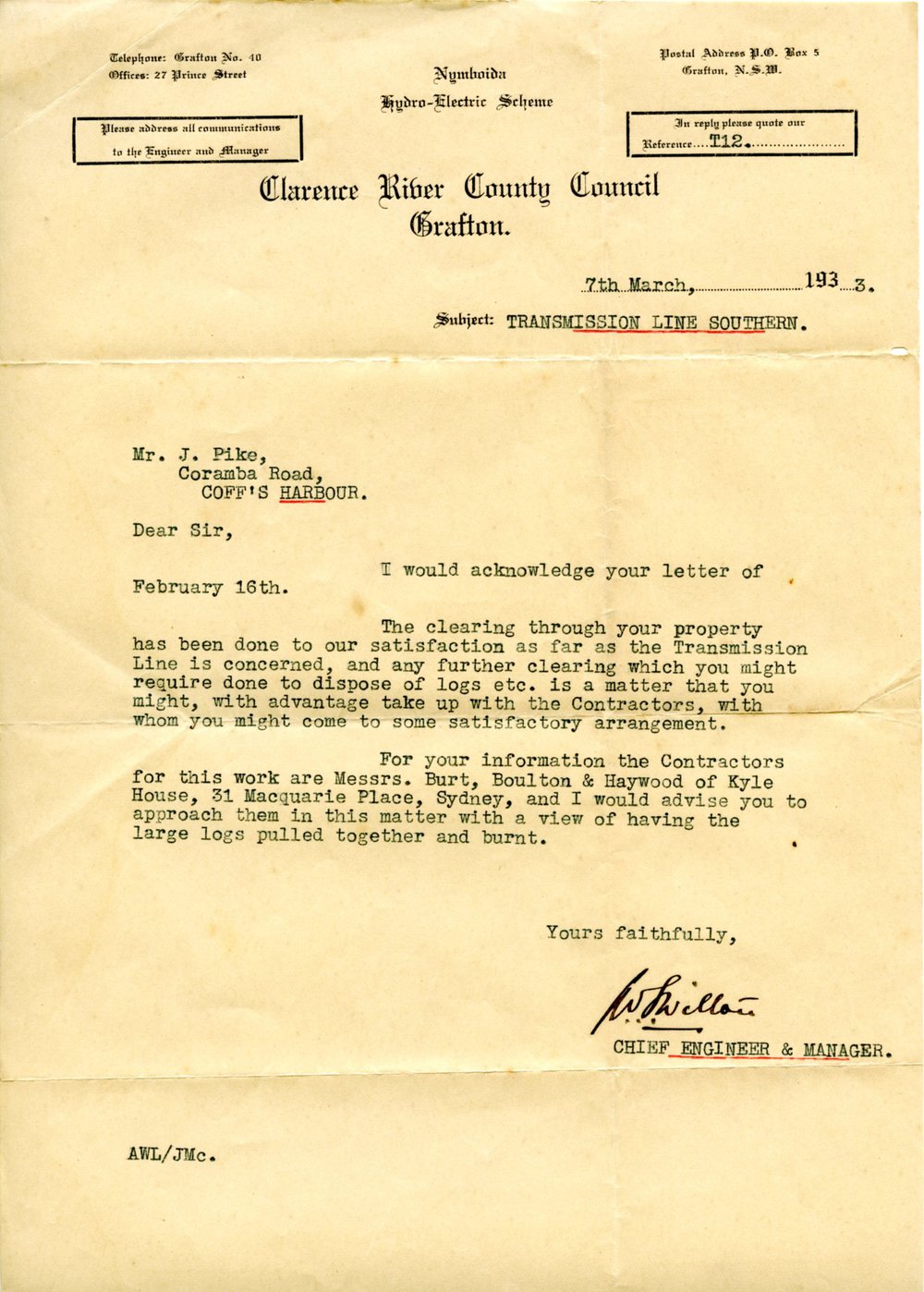 Letter regarding land clearing for transmission line construction, 7 March 1933