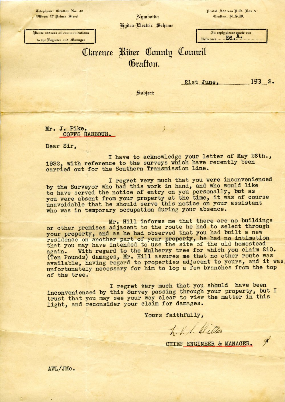 Letter regarding survey work on the Pike property, 21 June 1932