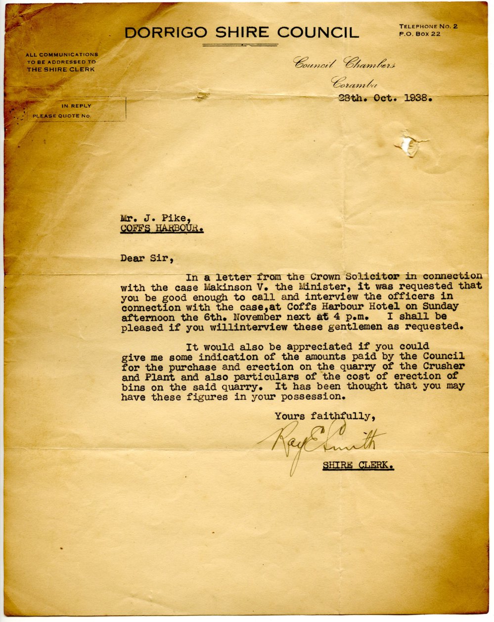 Letters from Shire Clerk regarding the Makinson vs the Minister (Foster's Quarry) case, October - November 1938