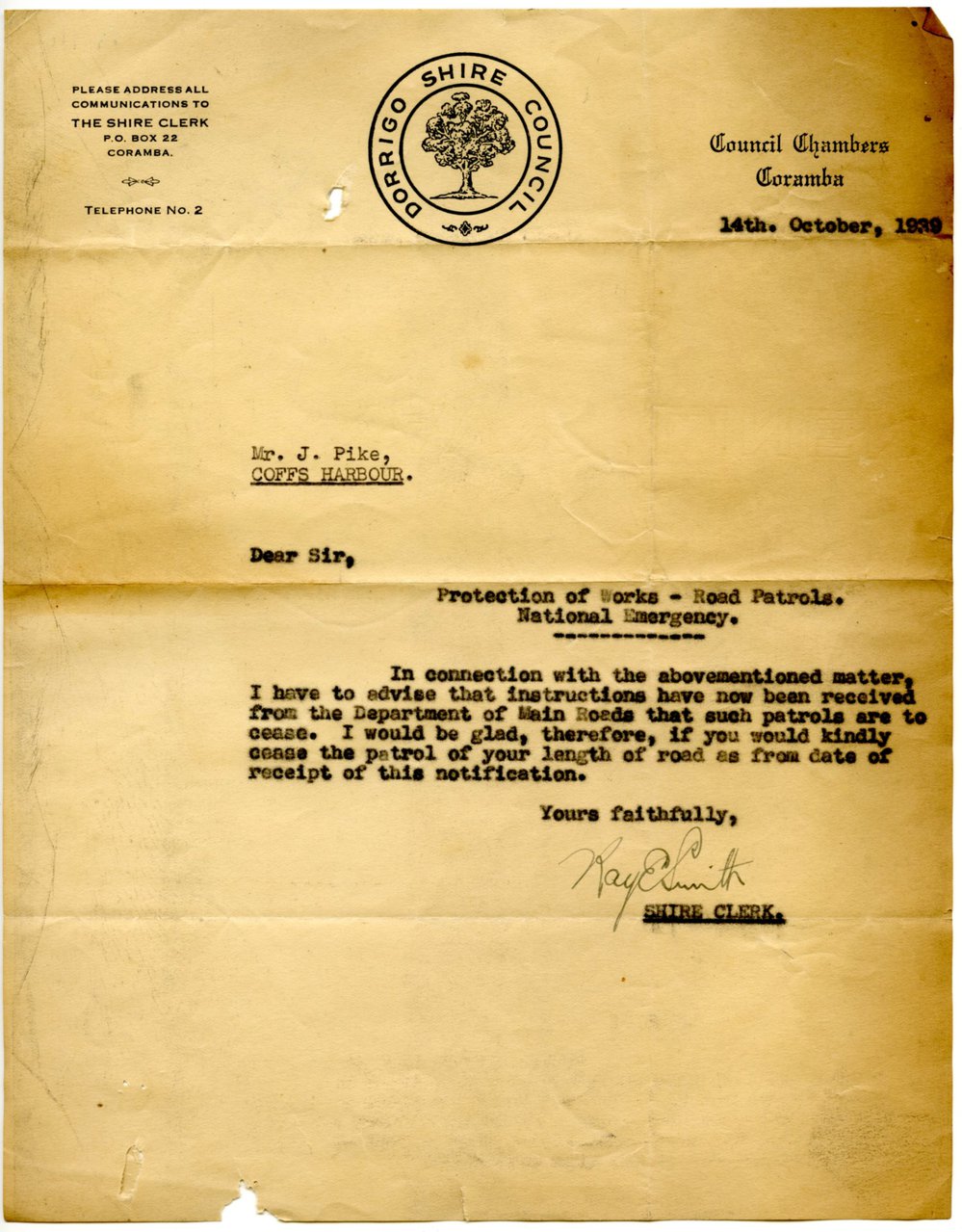 Letter regarding road patrols during a national emergency, 14 October 1939