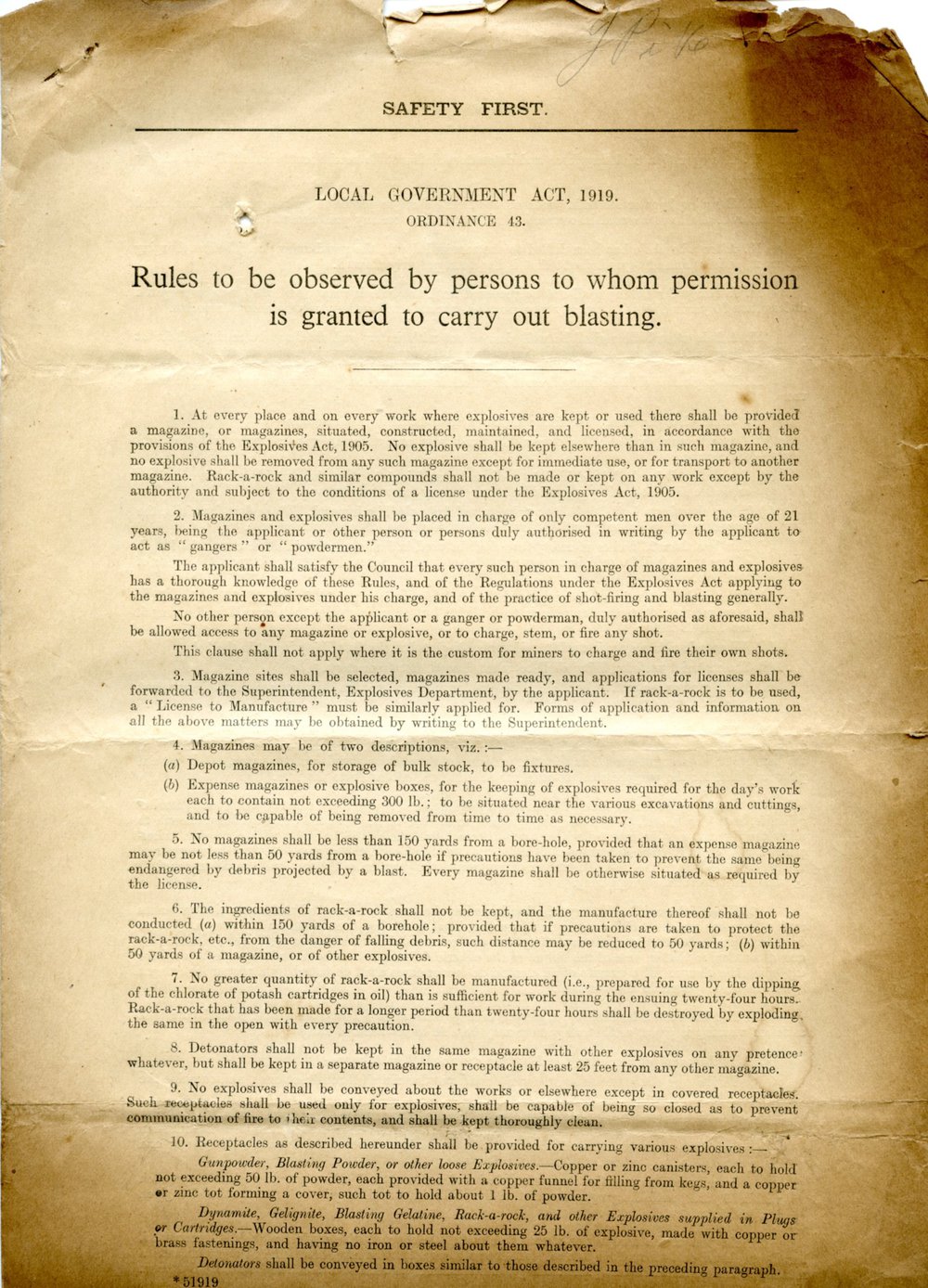 Rules to be observed by persons to whom permission is granted to carry out blasting, 1937