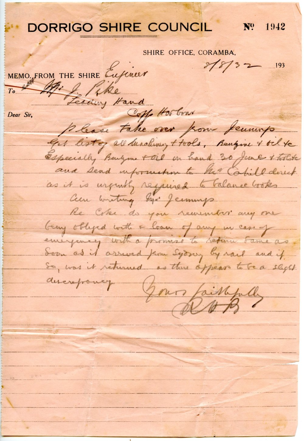 Memos from Dorrigo Shire Council Engineer to Ganger, 8 August 1932