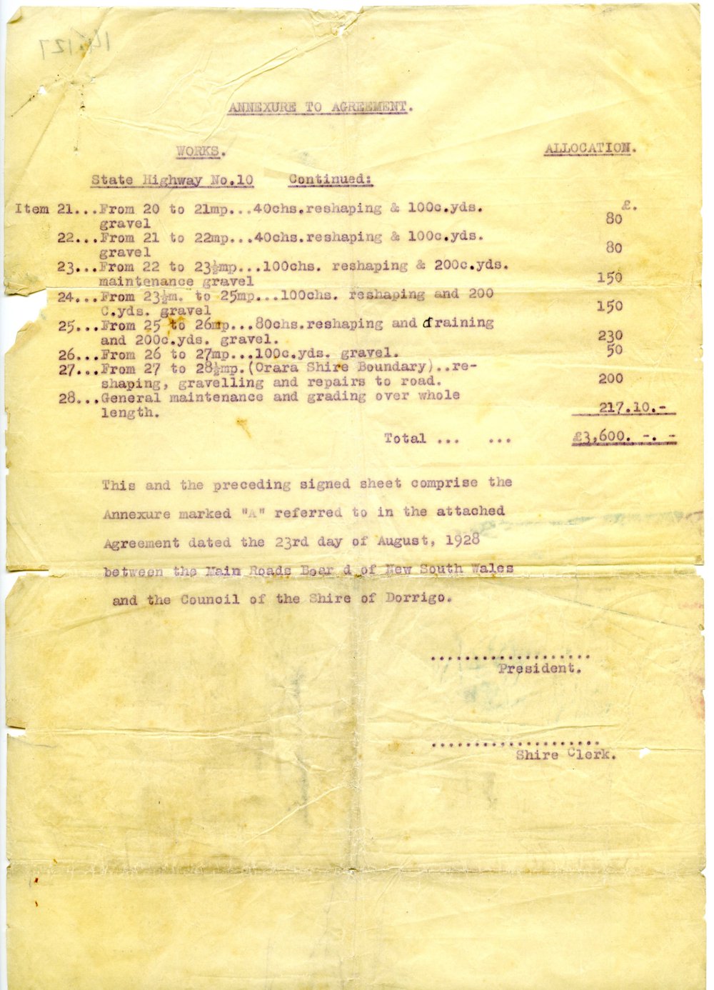 Annexure to Agreement on State Highway no. 10 roadworks, 23 August 1928