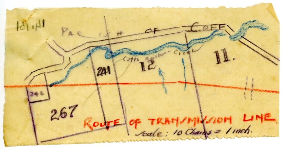 Route of Transmission Line hand-drawn map, c. 1930s