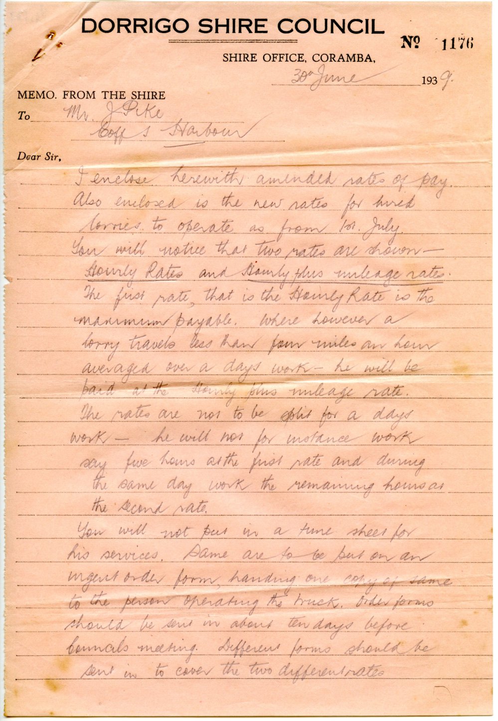 Memo about lorry hire rates, Dorrigo Shire Council, 30 June 1939