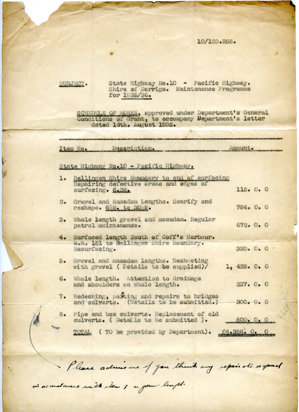 Schedule of Works for Pacific Highway, 16 August 1935