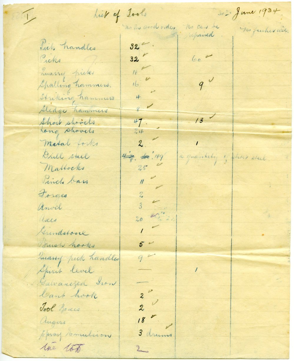 Tool List, Dorrigo Shire Council, June 1934