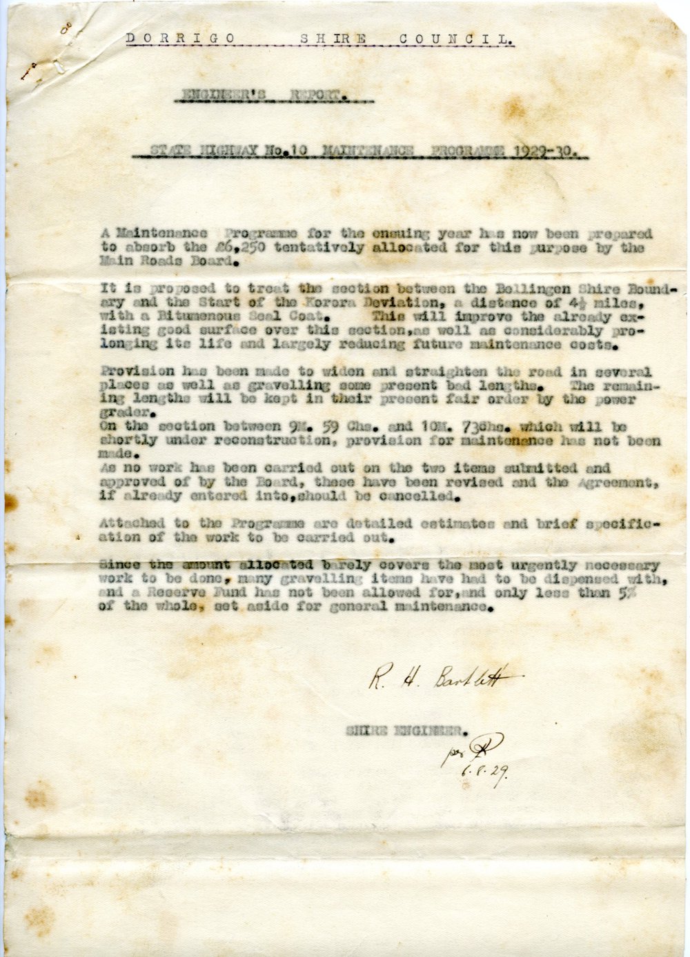 Engineer's Report, State Highway No. 10 Maintenance Programme 1929-30