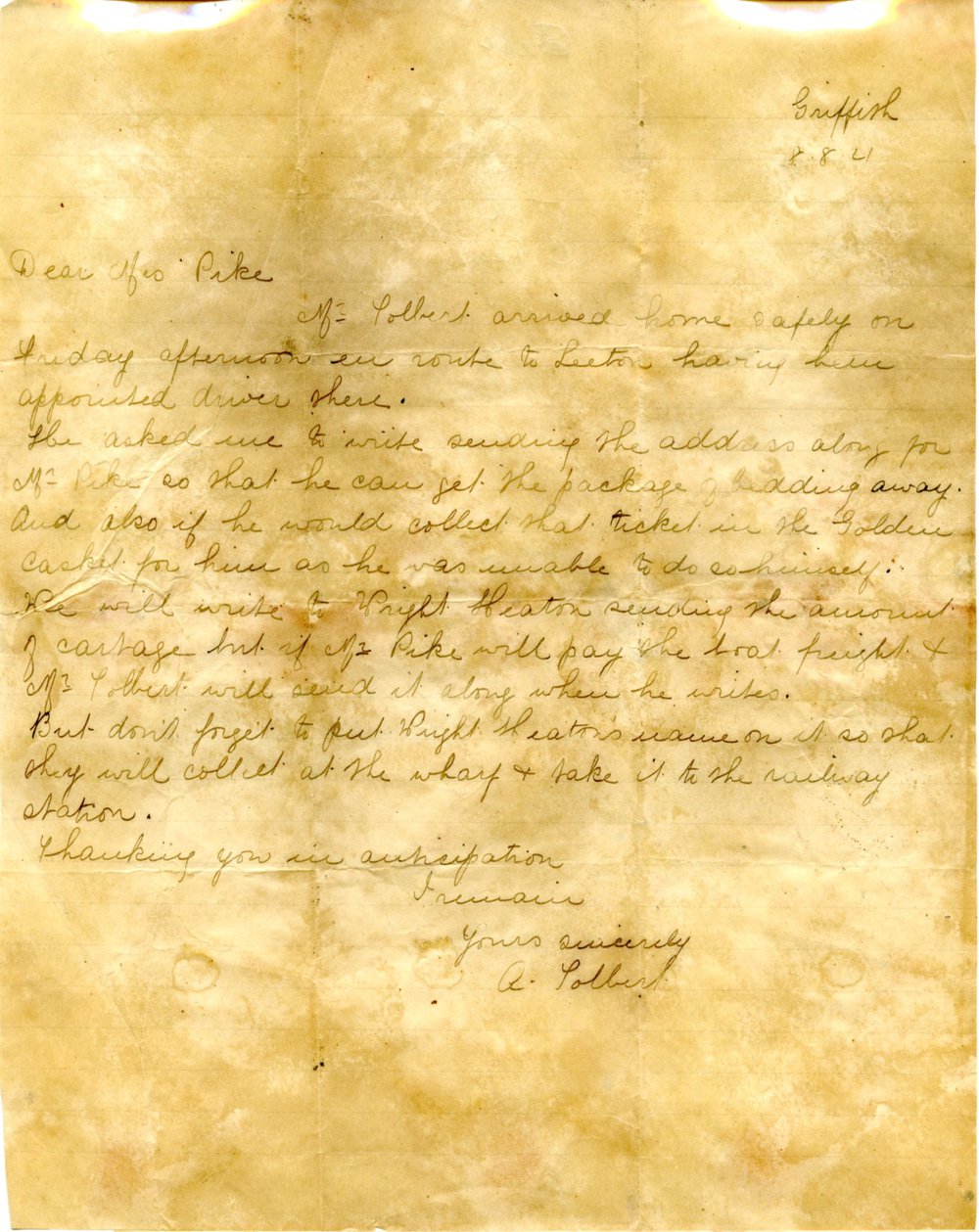 Letter to Mrs Pike from A. Tolbert, 8 August 1921