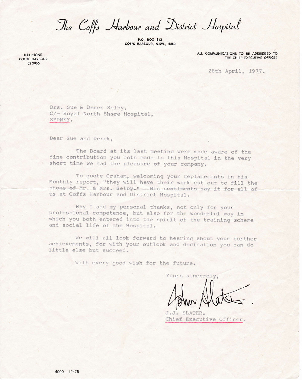 Letter to Derrick and Susan Selby, 26 April 1977