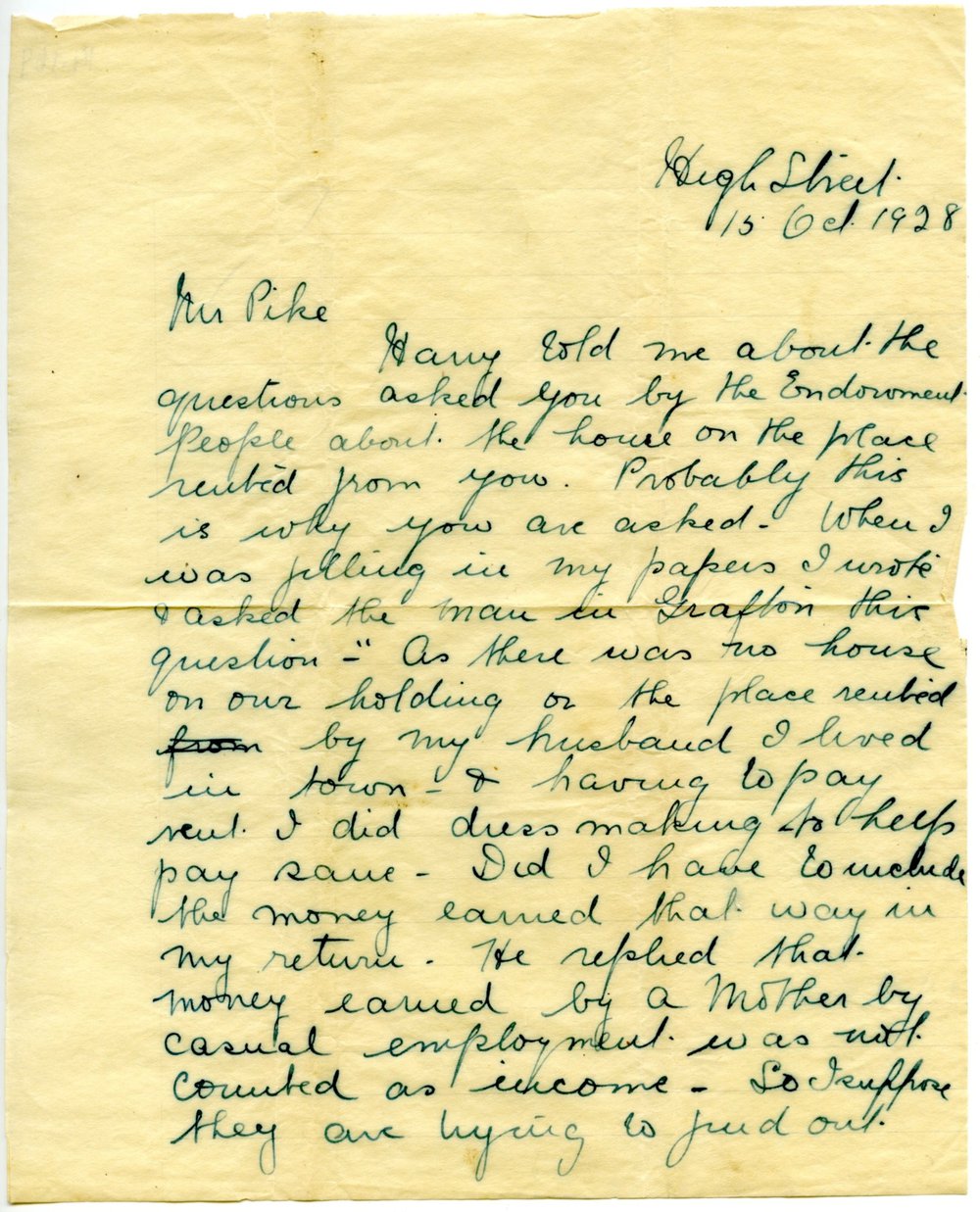 Letter from Gertie Richards to Mr Pike, 15 October 1928
