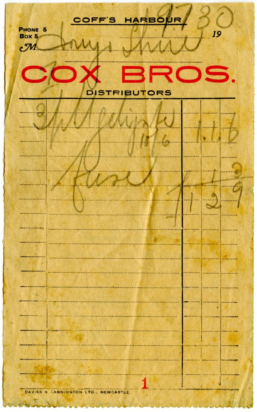 Cox Brothers receipt, 19 July 1930