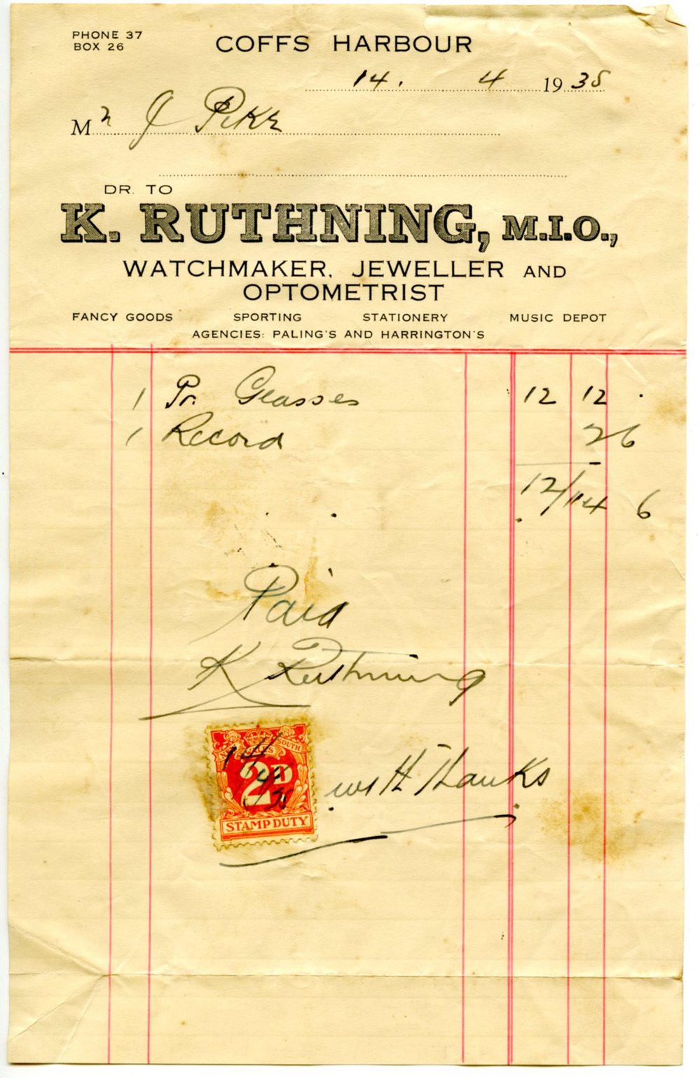 K. Ruthning receipt, 14 April 1935