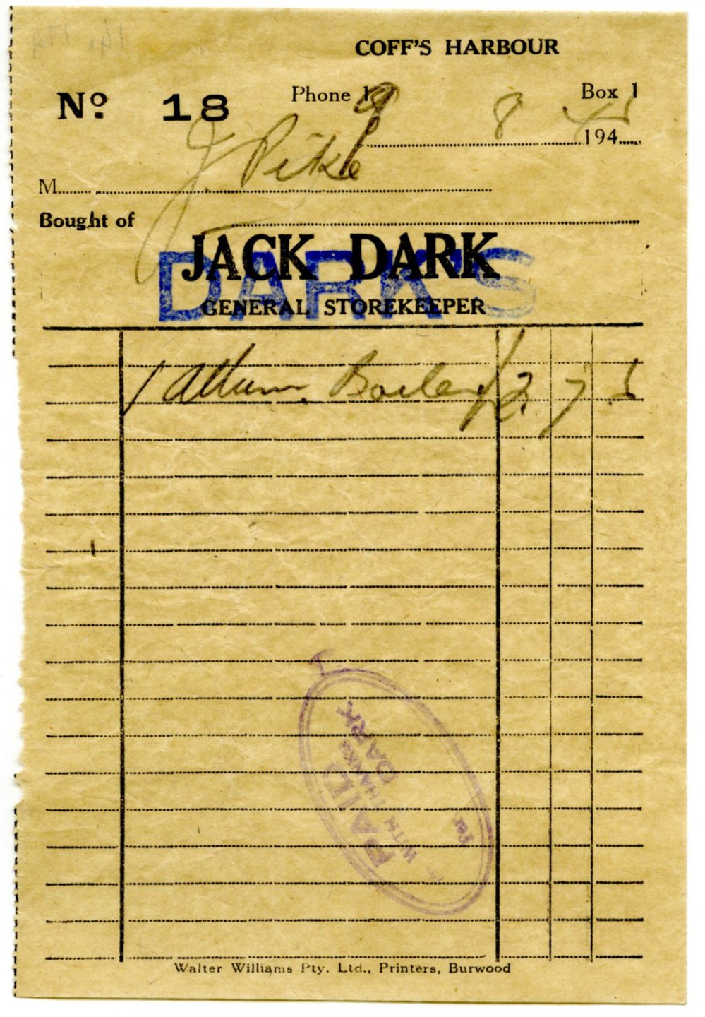 Jack Dark General Storekeeper receipt, 9 August 1944