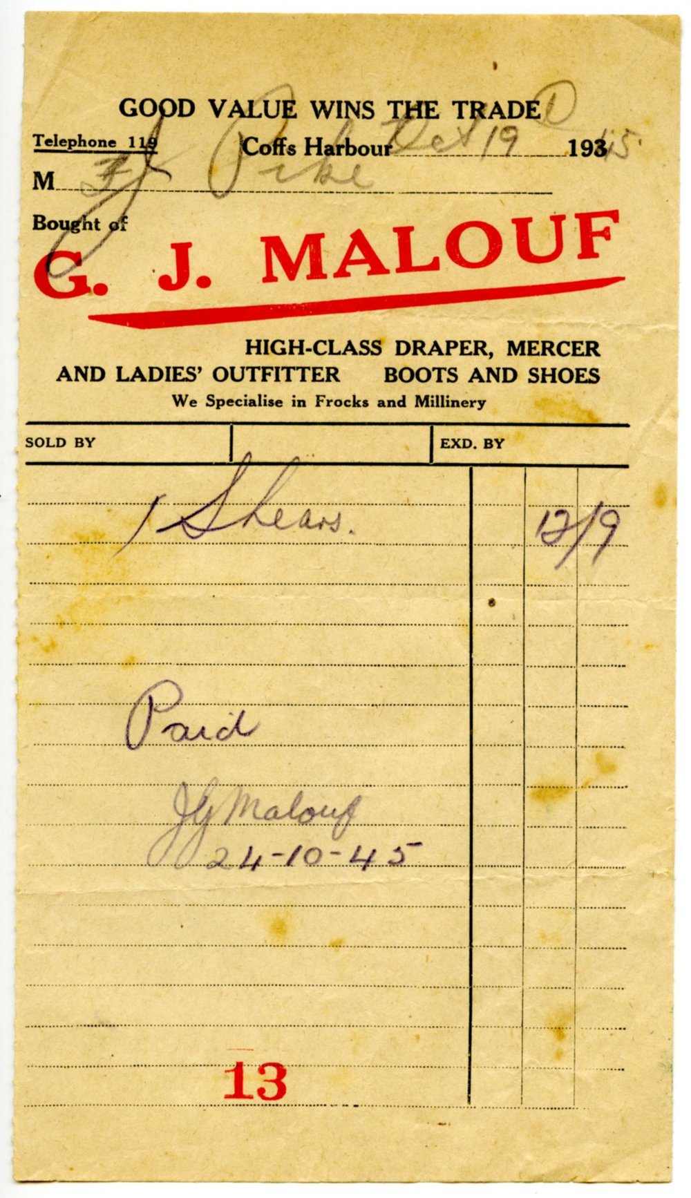 G. J. Malouf receipt, 19 October 1945