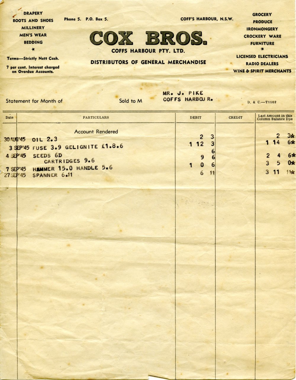Cox Brothers invoice, August - September 1945