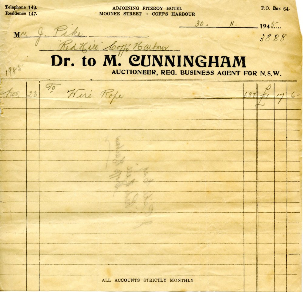 M. Cunningham invoice, 23 November 1945