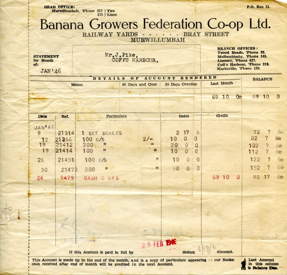 Banana Growers Federation invoice and receipt, January - February 1946