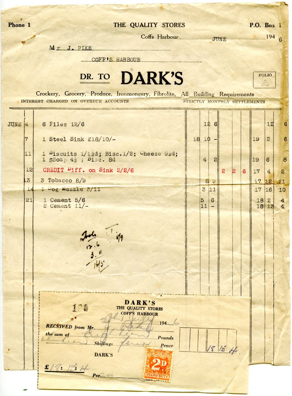 Dark's invoice and receipt, June - July 1946