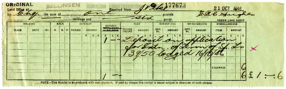 Land Office at Bellingen receipt, 21 October 1946