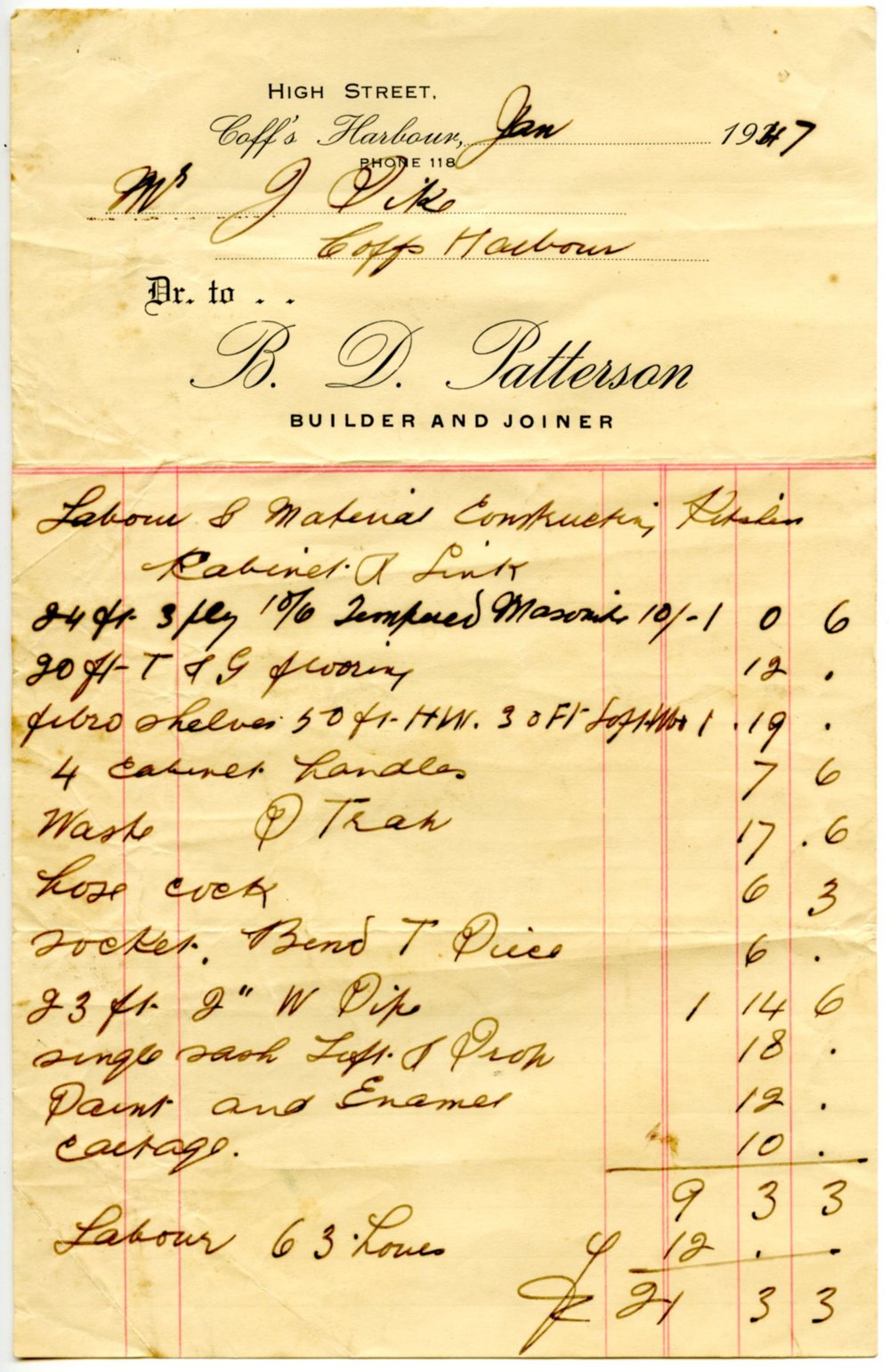 B. D. Patterson invoice, January 1947