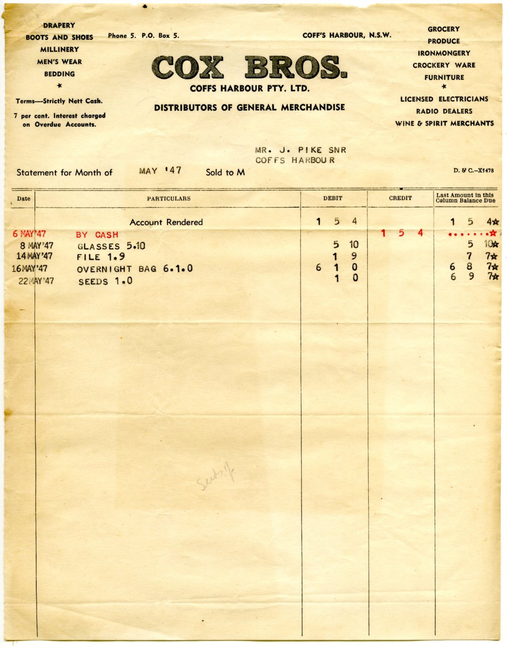 Cox Brothers invoice and receipt, May - June 1947
