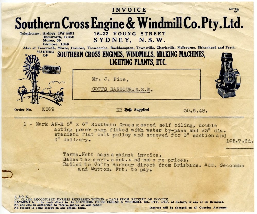 Southern Cross Engine &amp; Windmill Co. invoice, 30 June 1948