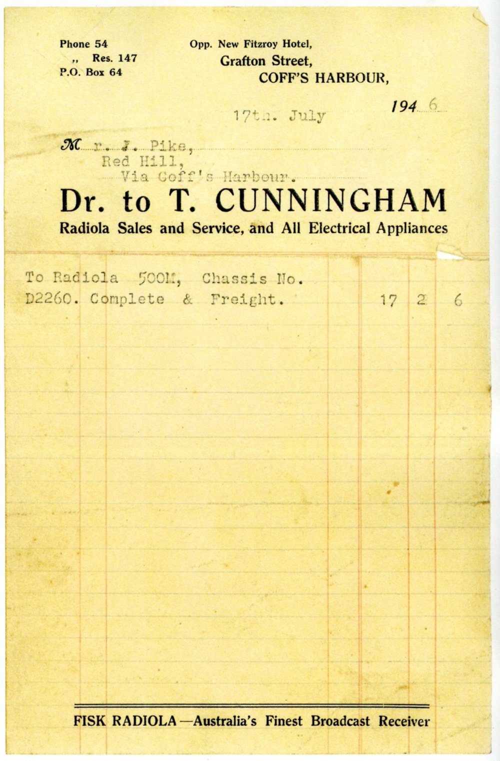 T. P. Cunningham invoice and receipt, July 1946
