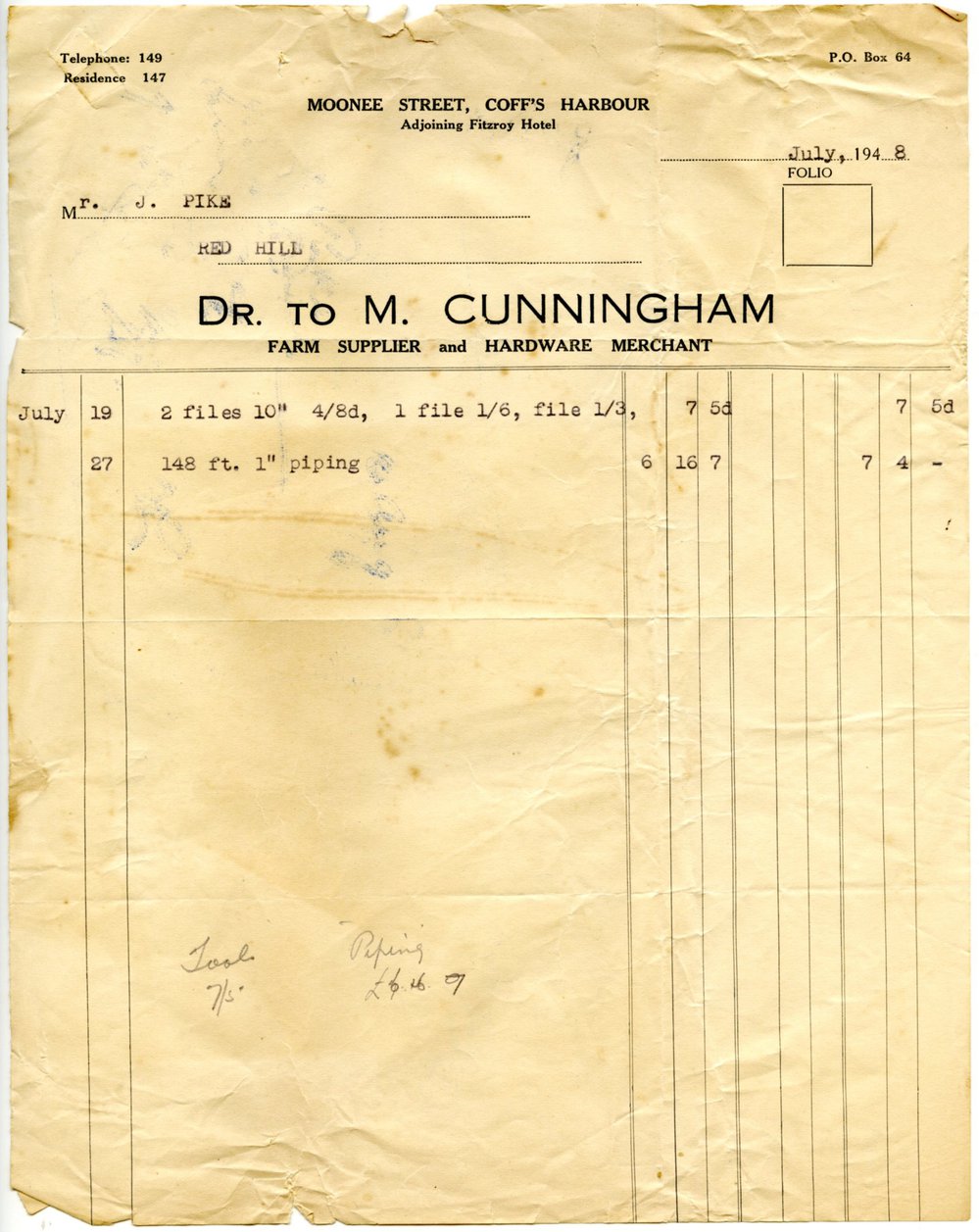 M. Cunningham invoice and receipt, July - August 1948