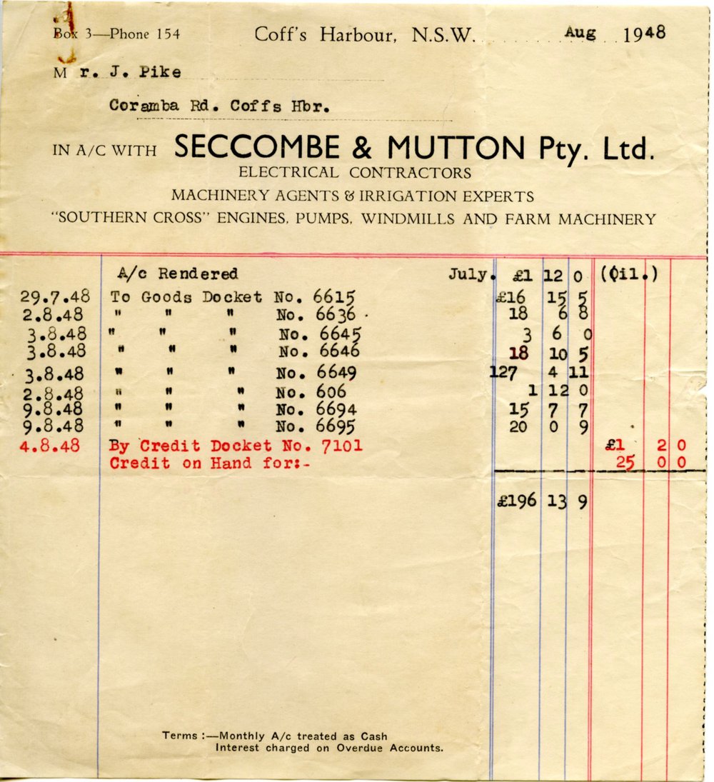 Seccombe &amp; Mutton Pty Ltd invoice and receipts, July - August 1948