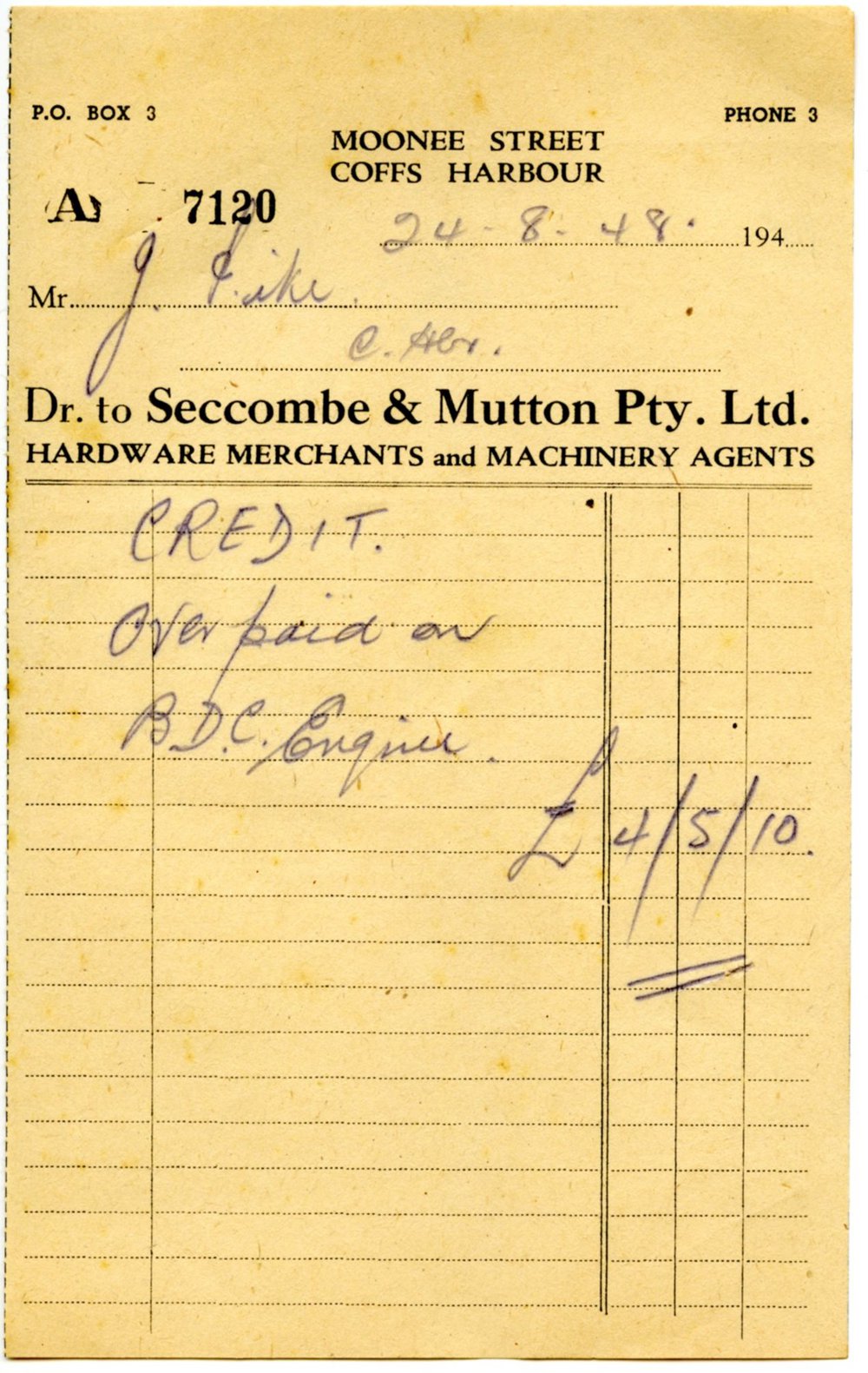 Seccombe &amp; Mutton Pty Ltd credit note, 24 August 1948