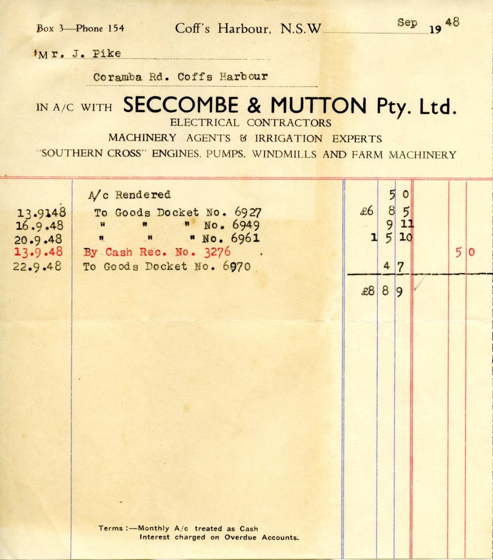 Seccombe &amp; Mutton Pty Ltd invoice and receipts, September - October 1948