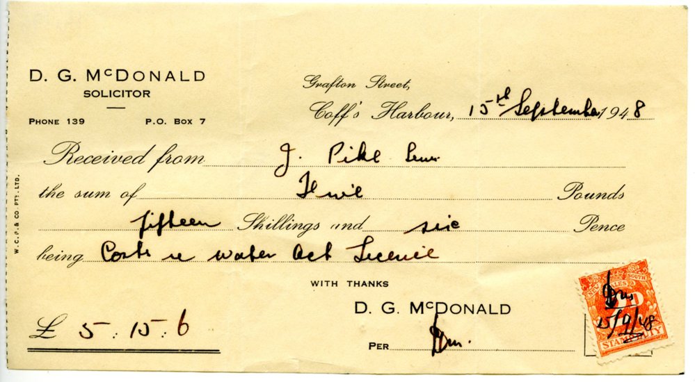 D. G. McDonald receipt, 15 September 1948