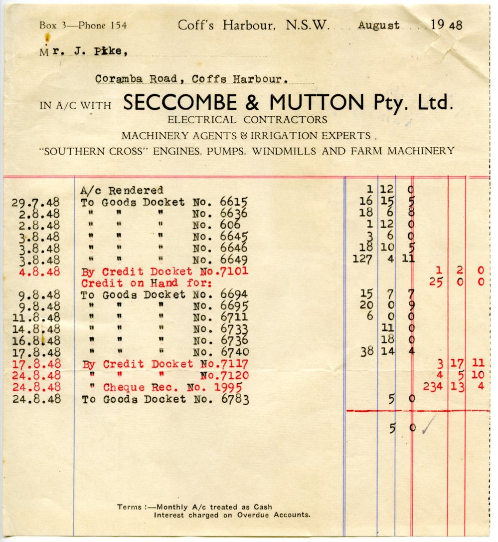 Seccombe &amp; Mutton Pty Ltd account statement, invoice and receipt, August - September 1948