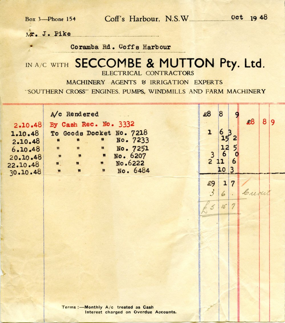 Seccombe &amp; Mutton Pty Ltd account statement, invoices and receipt, October - November 1948