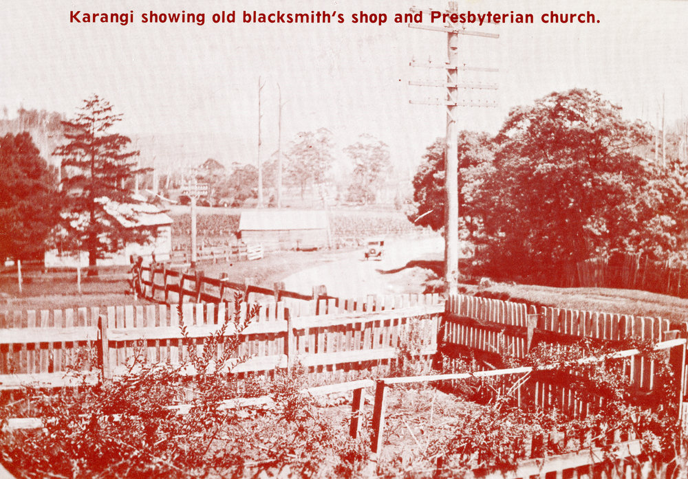 Blacksmith shop and Presbyterian Church, c. 1925